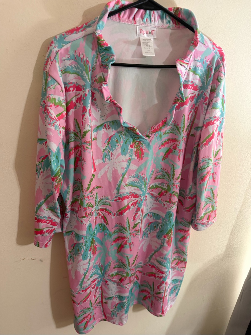 Top it Off Size 2xl Pink  Tropical Print V-Neck Women’s Tunic Palm Trees Mini